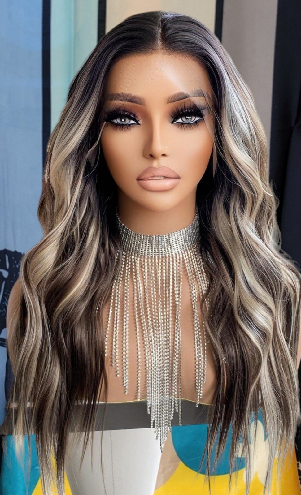 Dark chocolate brown wavy hd Free part lace front wig with soft blonde highlight