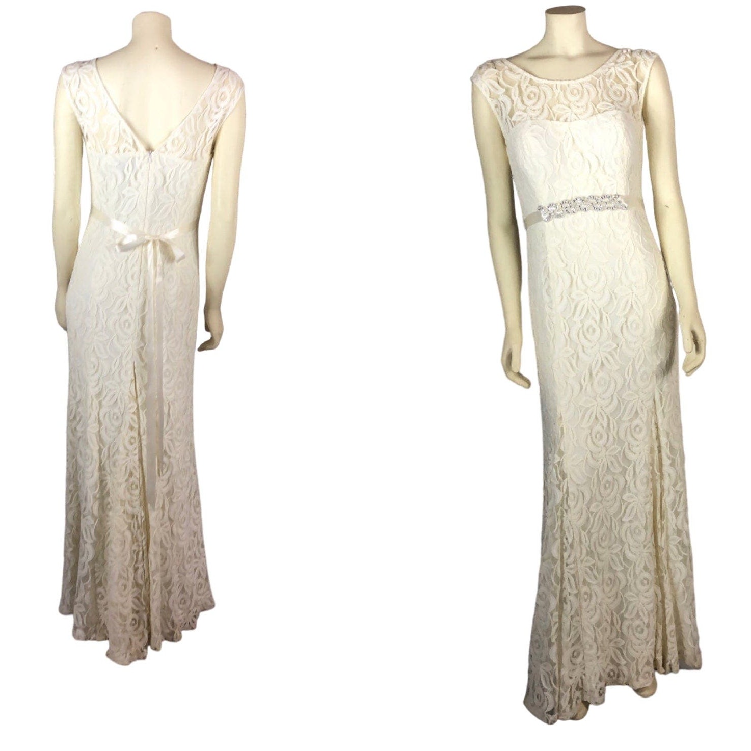 Betsy & Adam formal lace sleevless dress with silver jeweled satin belt size 10