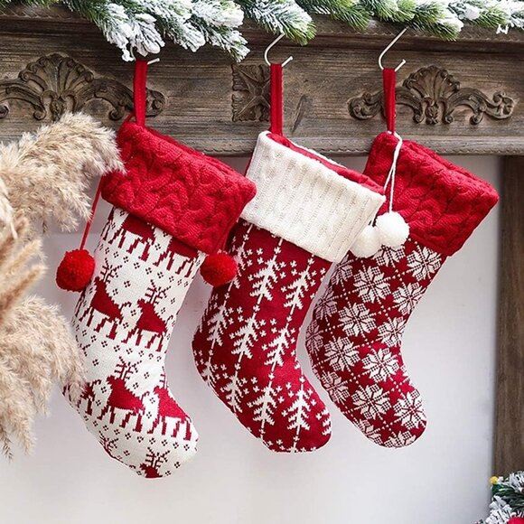 NEW 3 Pcs Christmas Stockings 16 Inches Knit Knitted Stockings Rustic Christmas