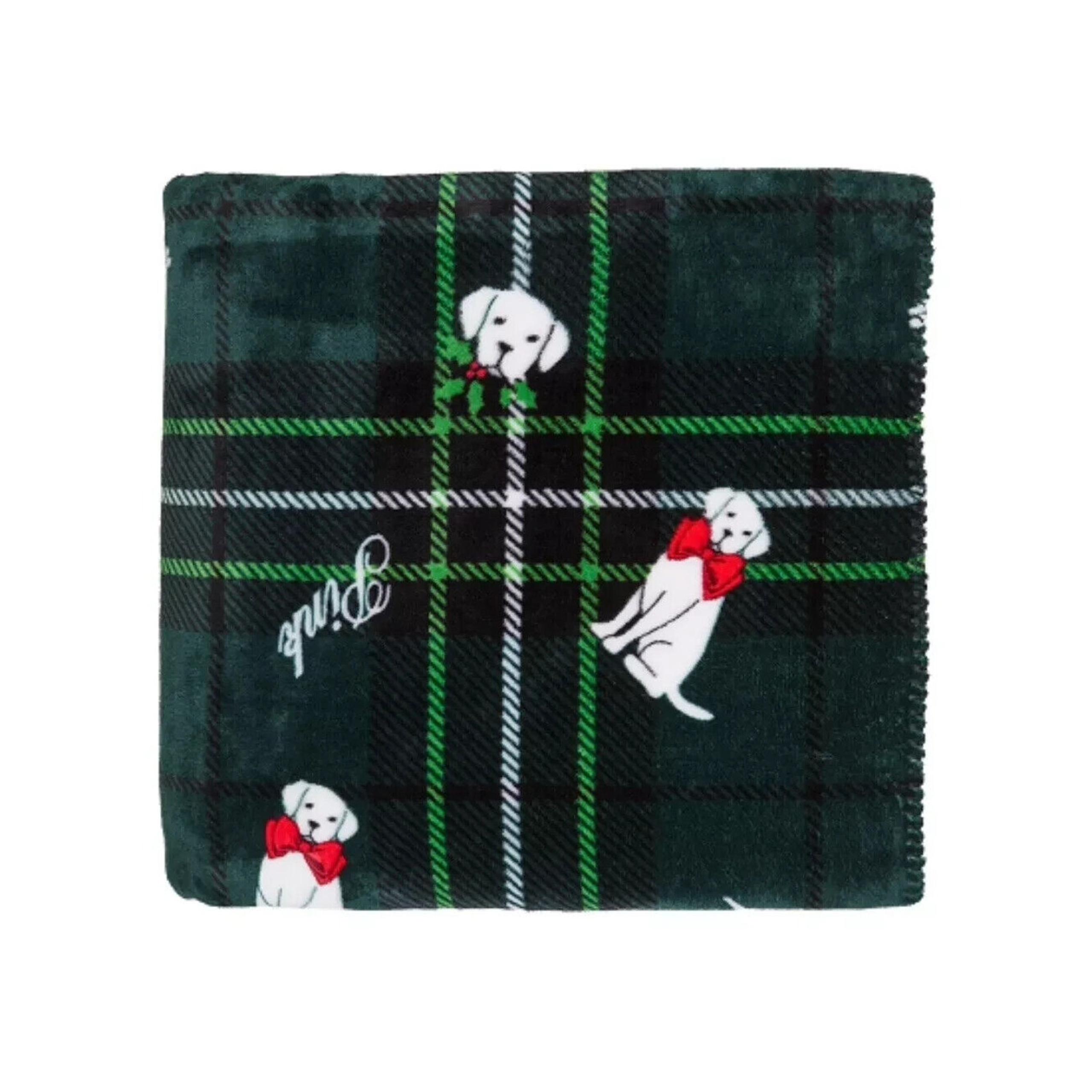 Victoria's Secret PINK Cozy Plush Logo Blanket Green Plaid Dog 50"x60" NEW