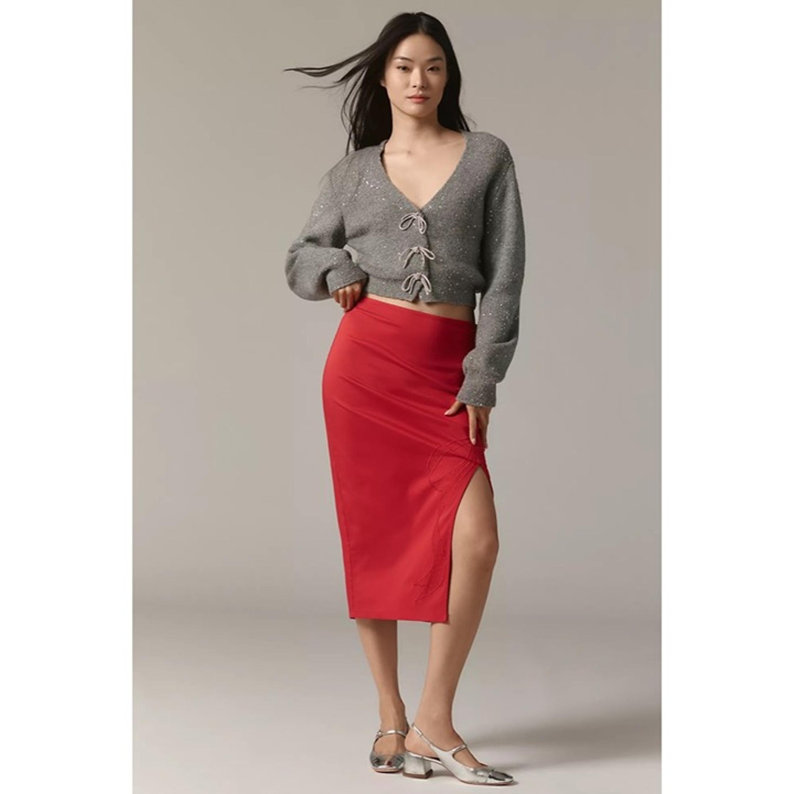 NWT!! Anthropologie MAEVE Bombshell Bow Midi Pencil Skirt Red Embroidered Large