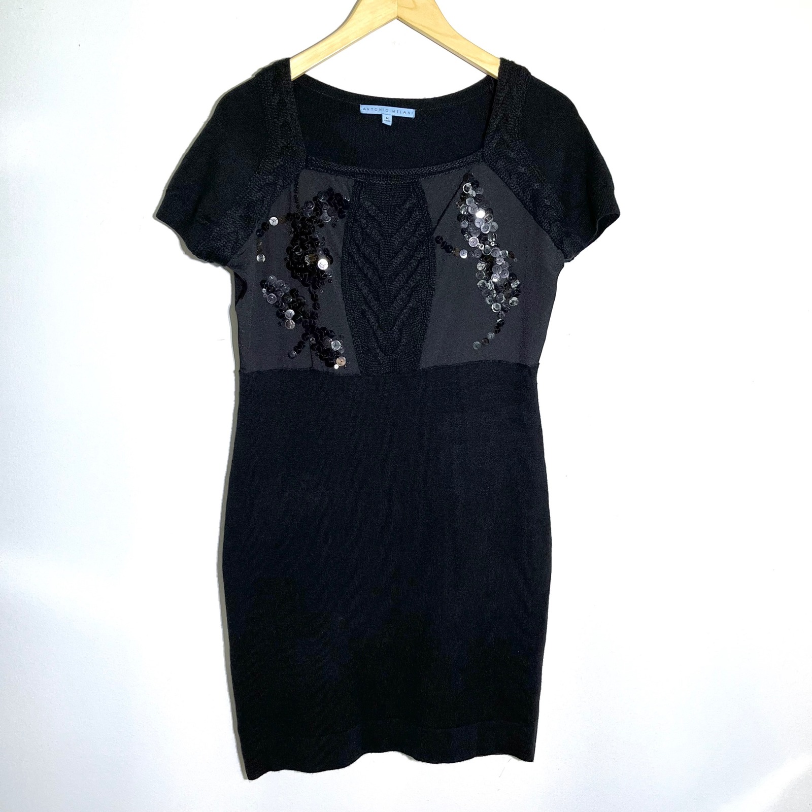 Antonio Melani Sweater Dress Sequin Embellished Wool Knit Black Size M