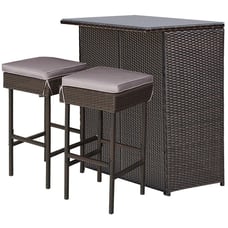 3PCS Patio Rattan Bar Table Stool Set Cushioned Chairs w/Gray & Off white Cover