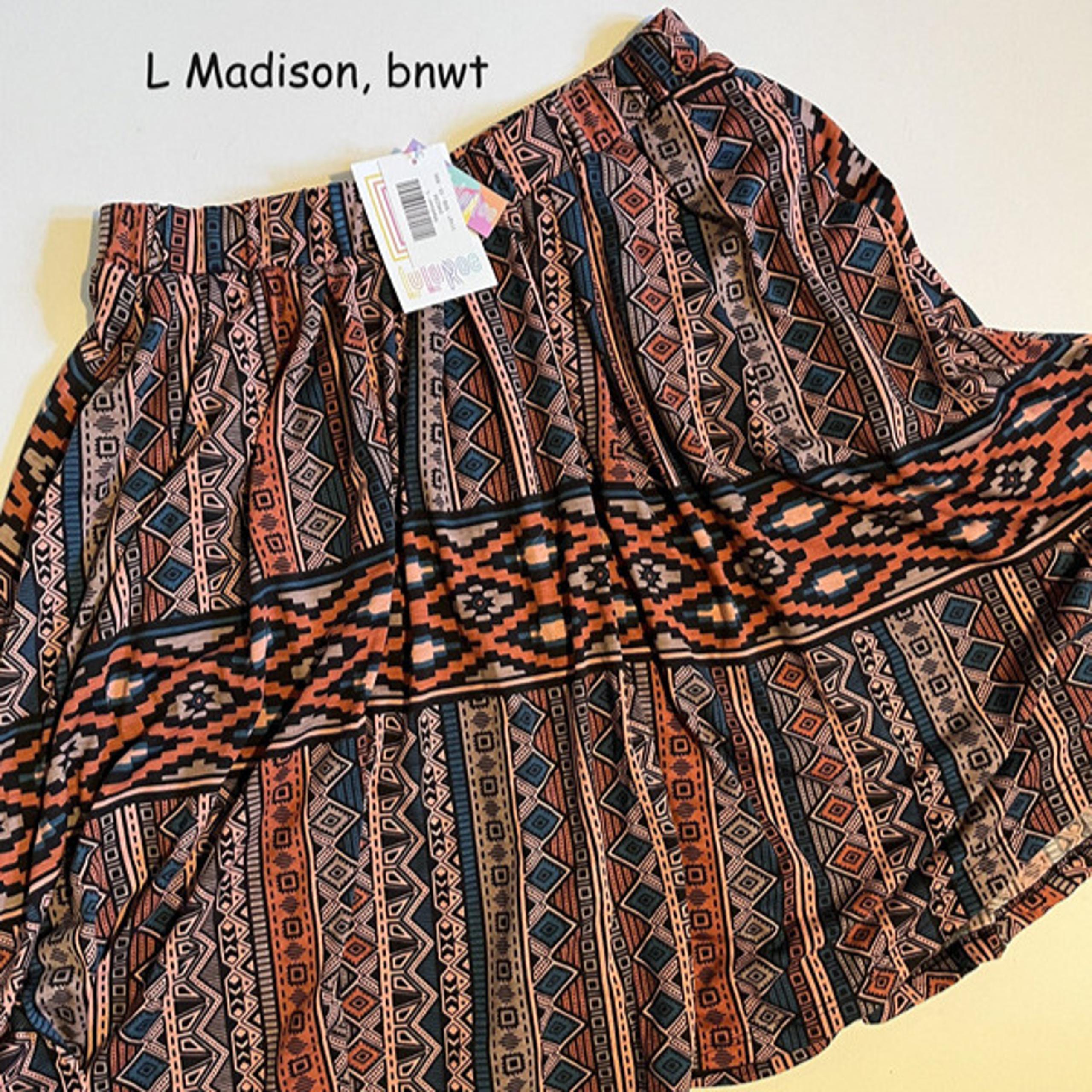 Large Lularoe Madison full skirt, pink and blue SW tribal stripes
