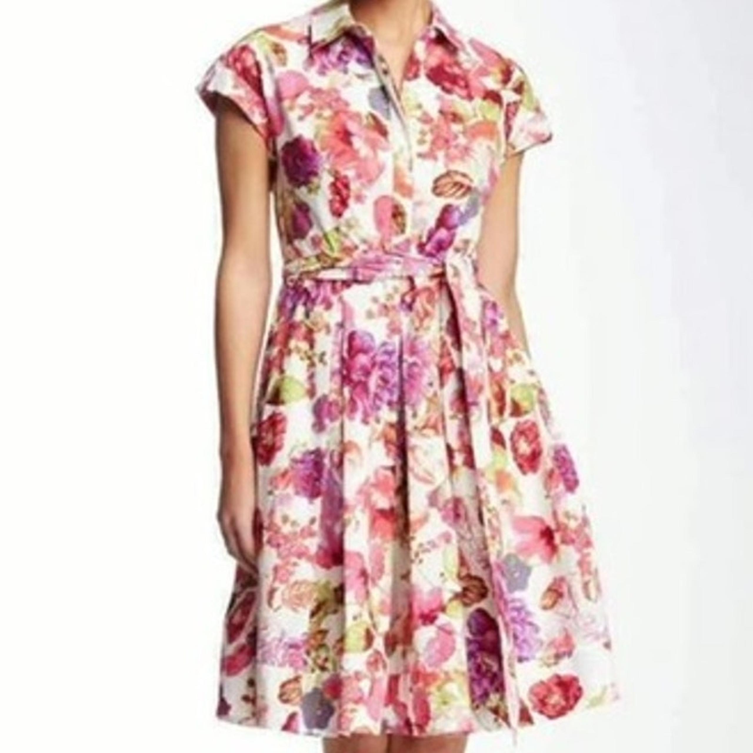 Eliza J 1950's Themed Pink Floral Collared Button Flare Skirt Midi Dress Size 0