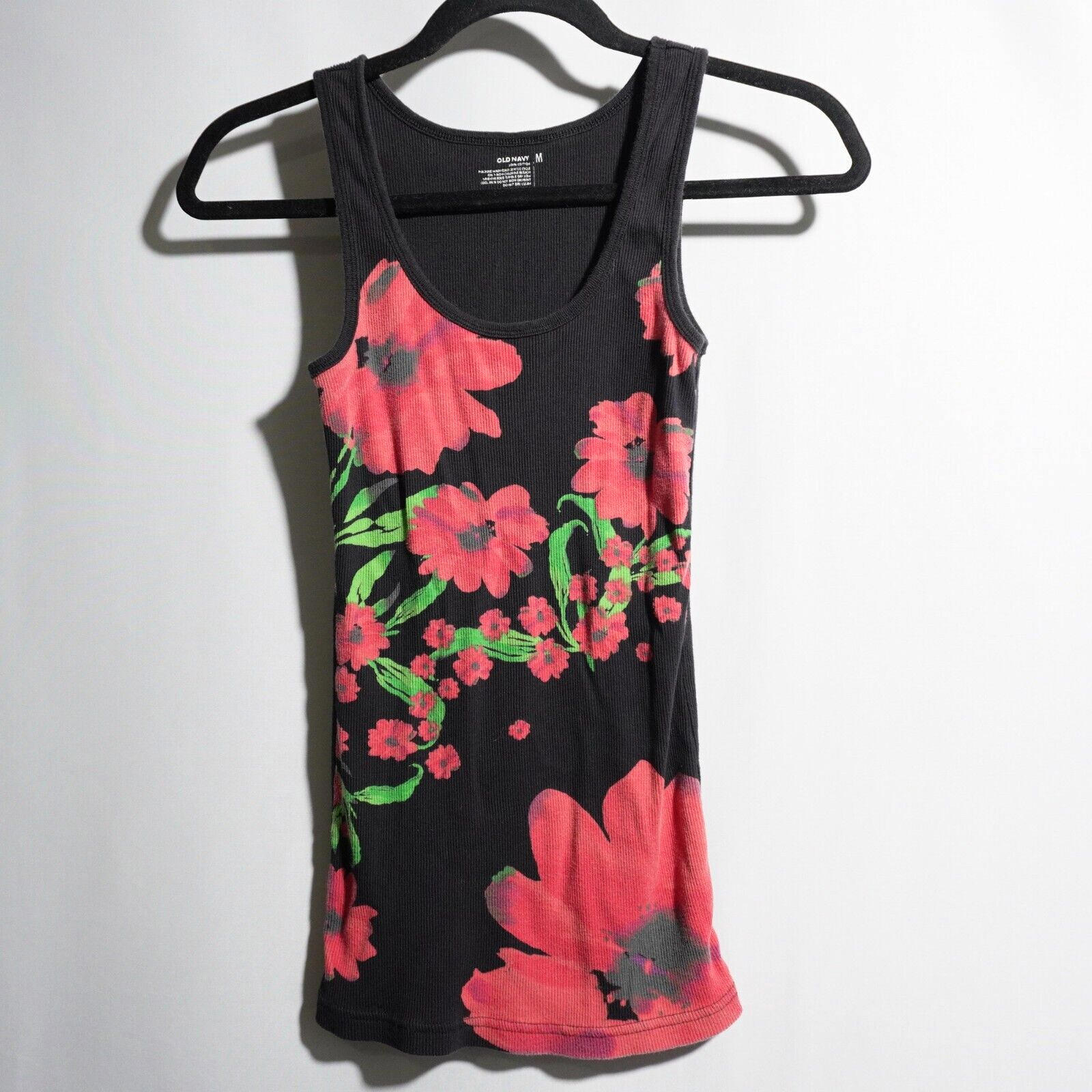 Y2K AOP Black Ribbed Tank Red Flowers Poppies Womens M Art to Wear Fairy Grunge