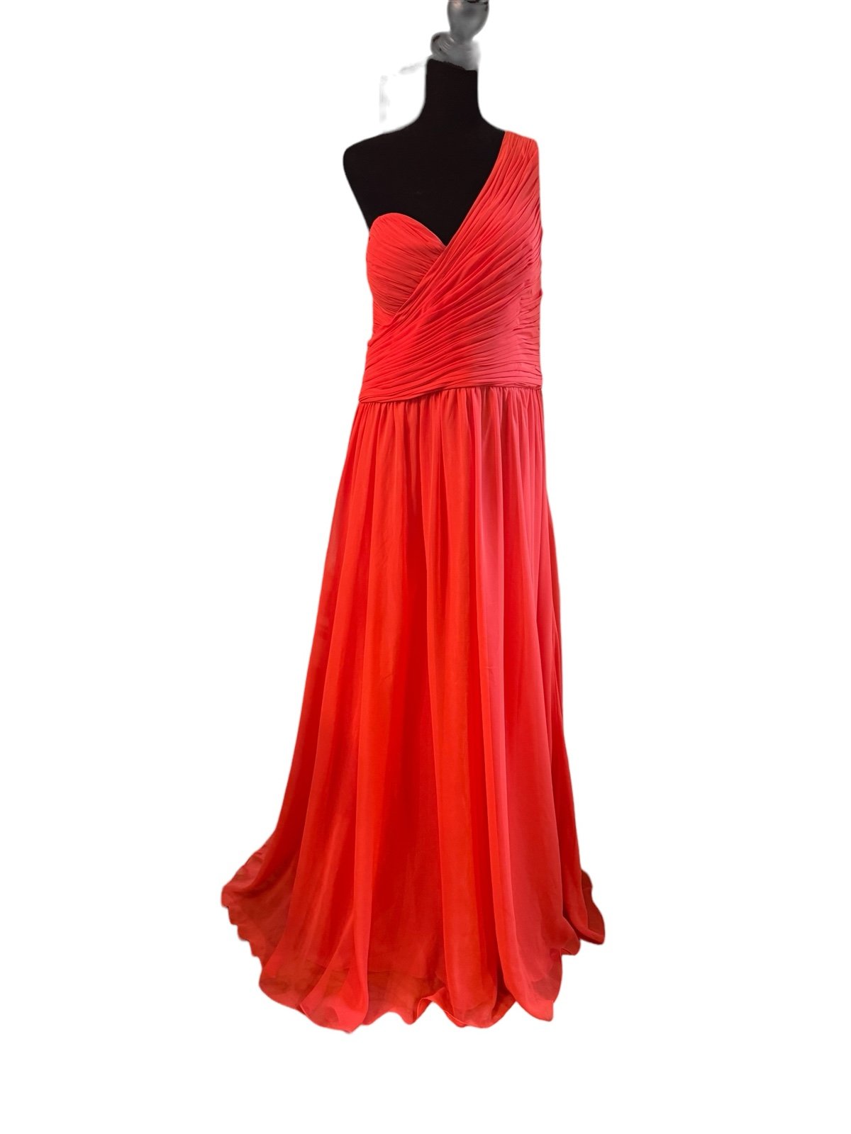 Coral color one shoulder pleated bodice chiffon gown, size xxl