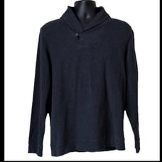 This is a men's dark gray V-neck sweater in size L with long sleeves. It is a dr