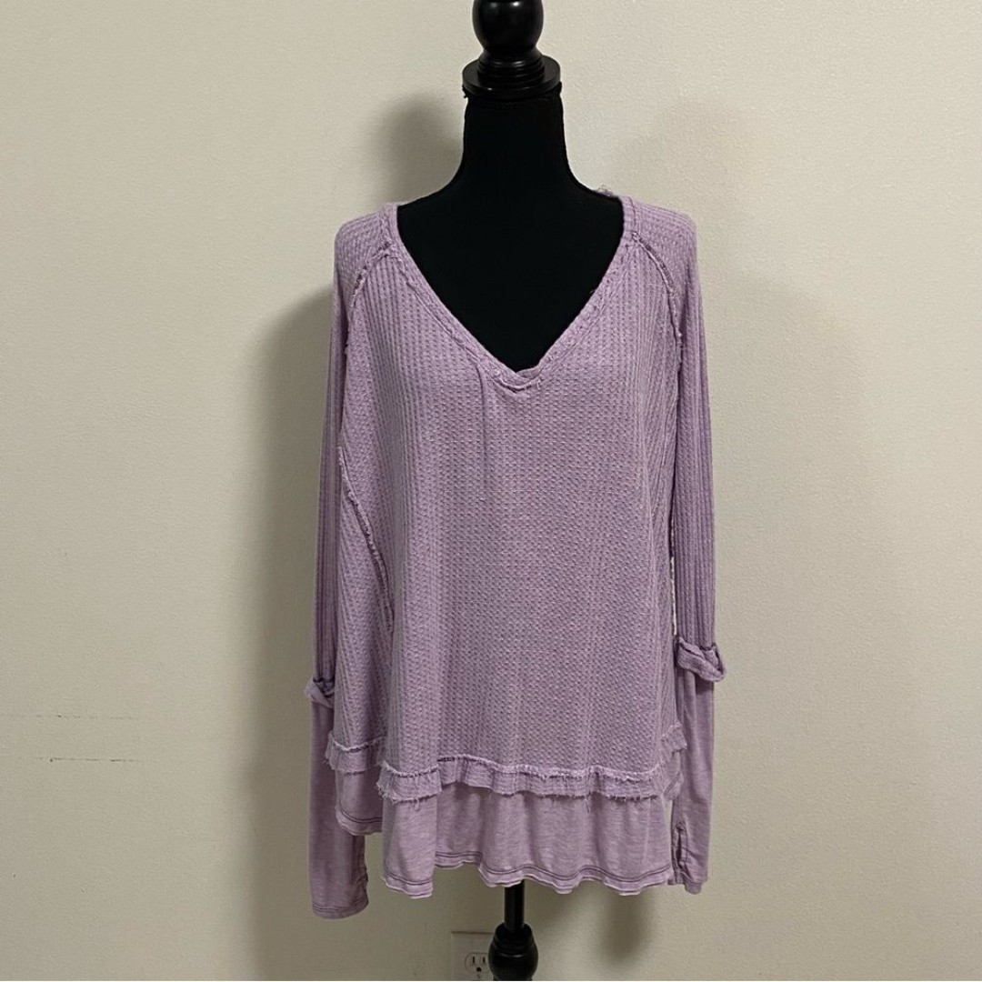 Free People V Neck Oversized Laguna Waffle knit Thermal Sweater Lavender Size Sm