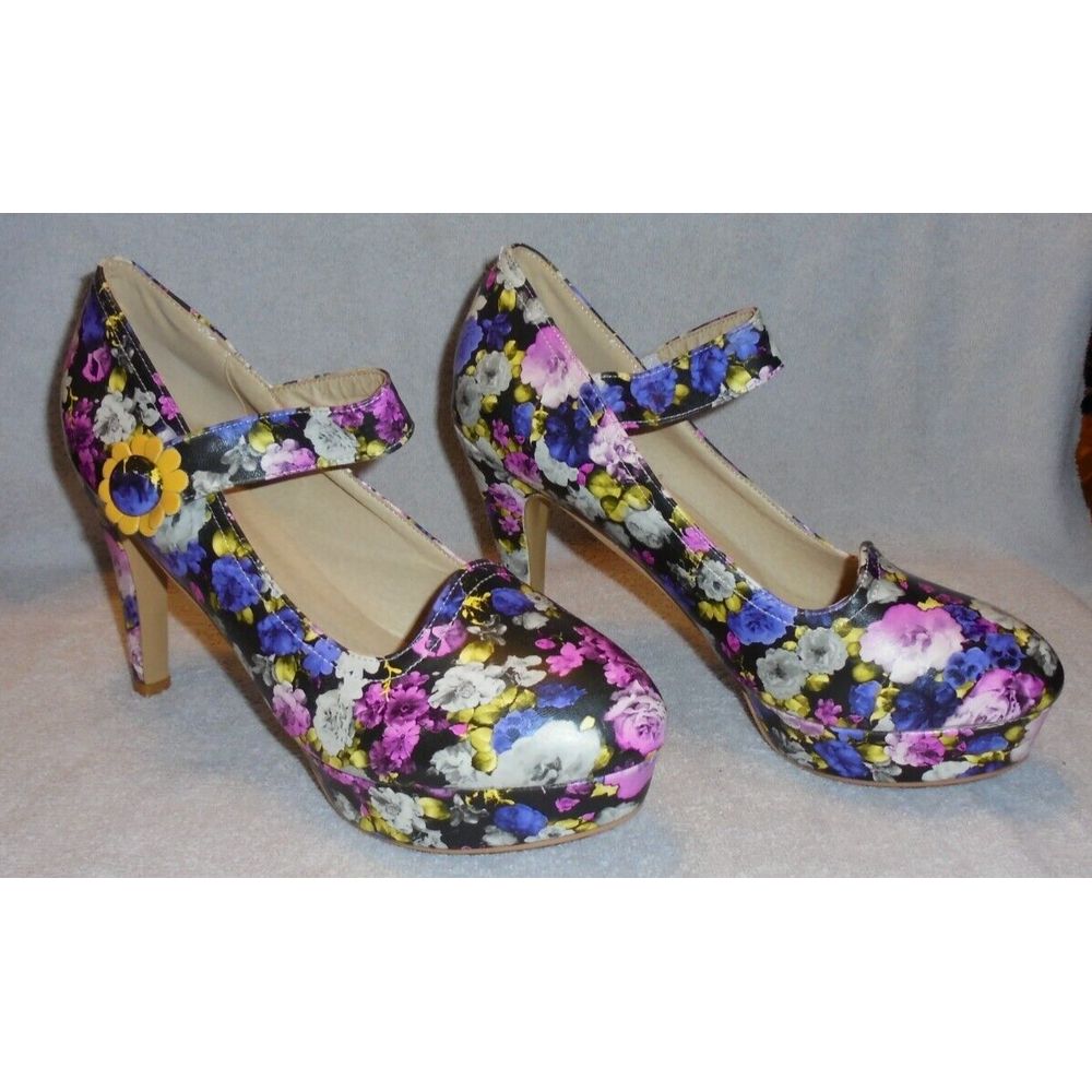 Ladies Ankle Strap Block High Heels Floral Platform Fashion Buckle Pumps Shoes