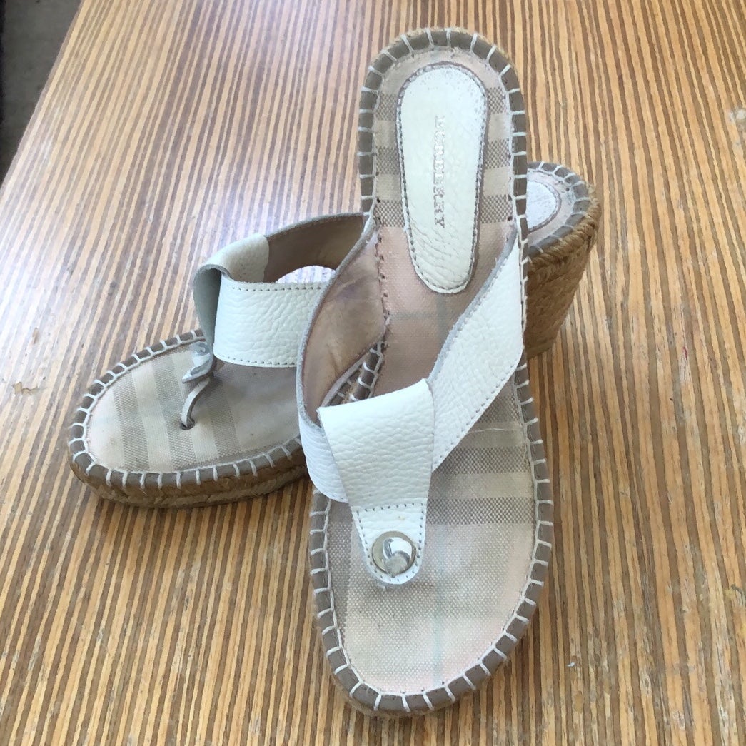 Burberry White Leather Nova Check Espridrille Wedge Sandals 6.5/38