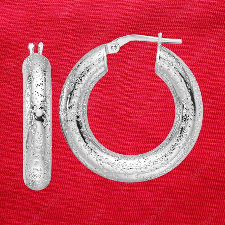 Sterling Silver Rhodium-plated Laser-cut 5mm Round Hoop Earrings