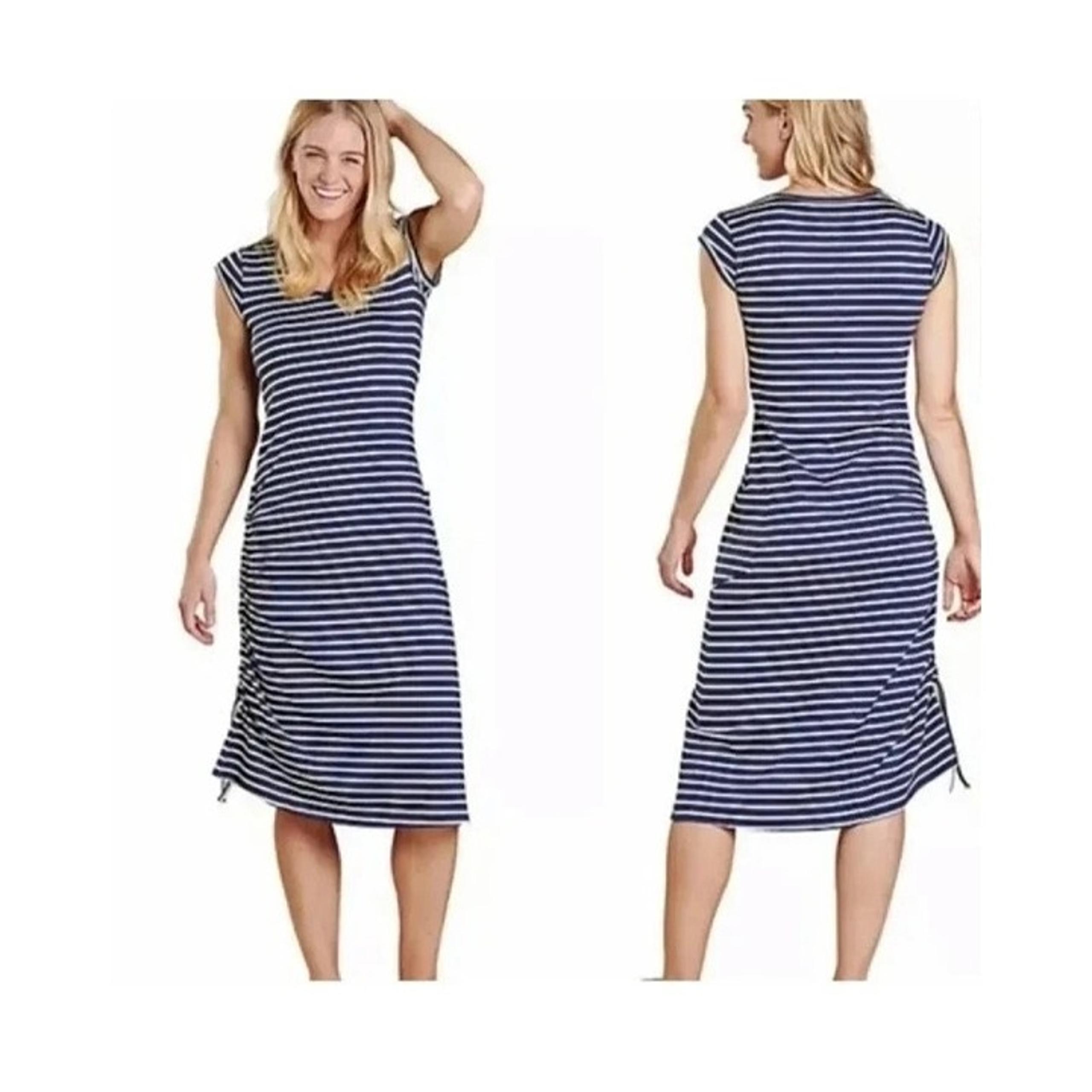 NEW Toad & Co Muse Dress Organic Cotton Navy Striped Outdoor Camp womens L
