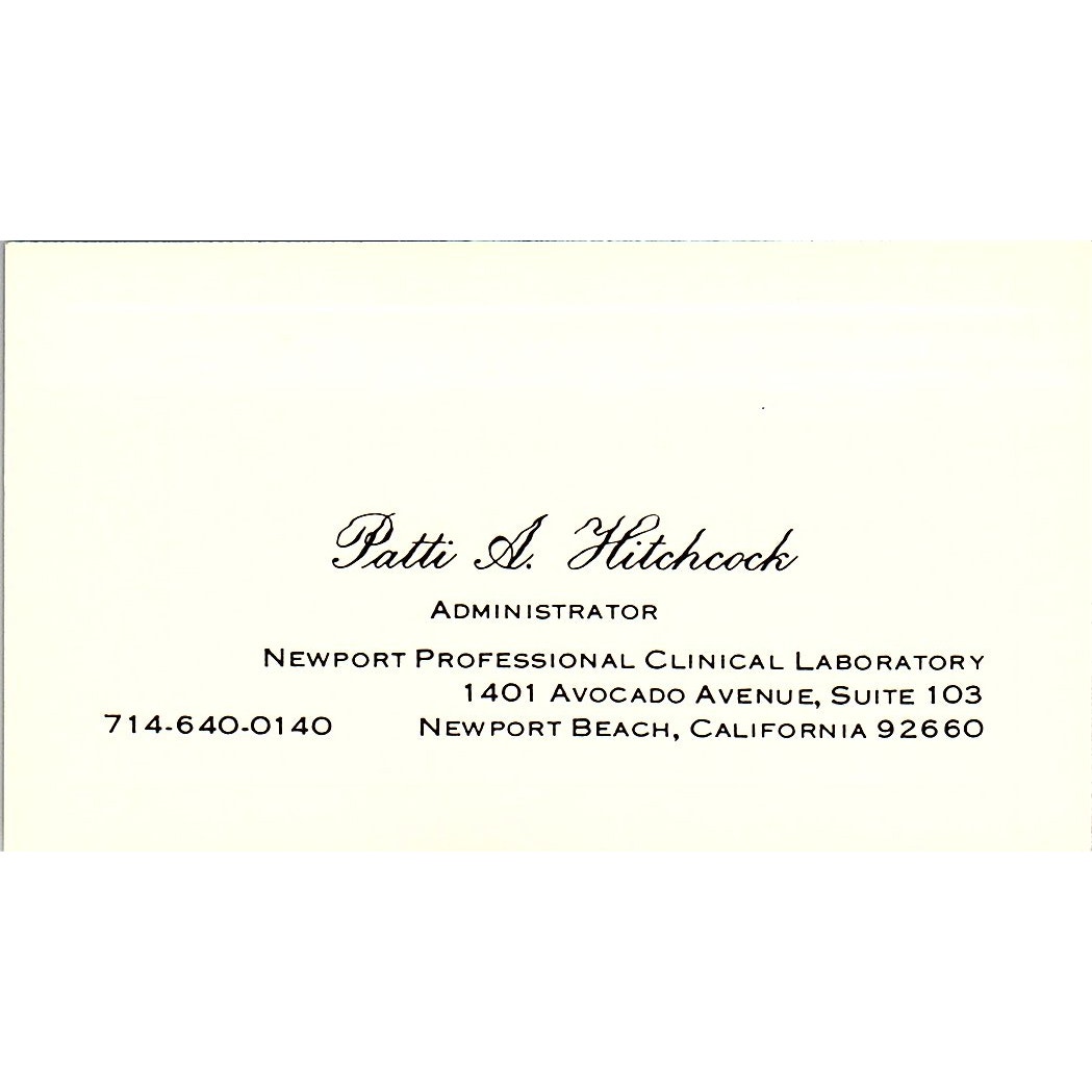 Patti Hitchcock Clinical Laboratory Newport Beach Vintage Business Card SD9-B10