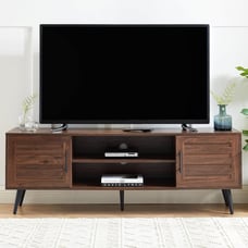 Mid Century Wooden TV Stand Entertainment Console with Open Shelving 2 Cabinets