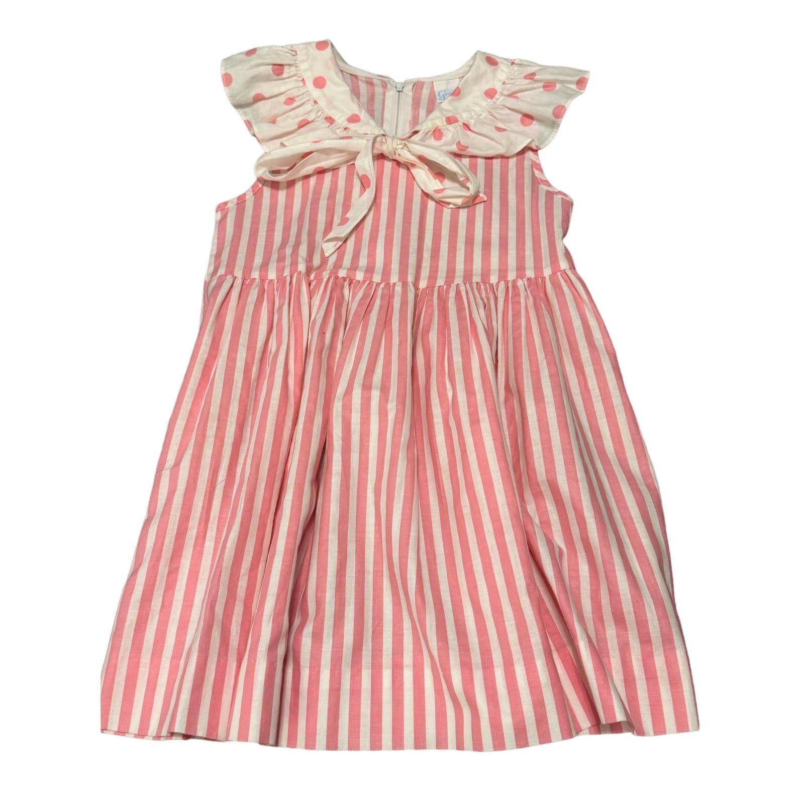 Vintage Pink & White Striped with Polka Dots Sleeveless Dress by Grace (4)