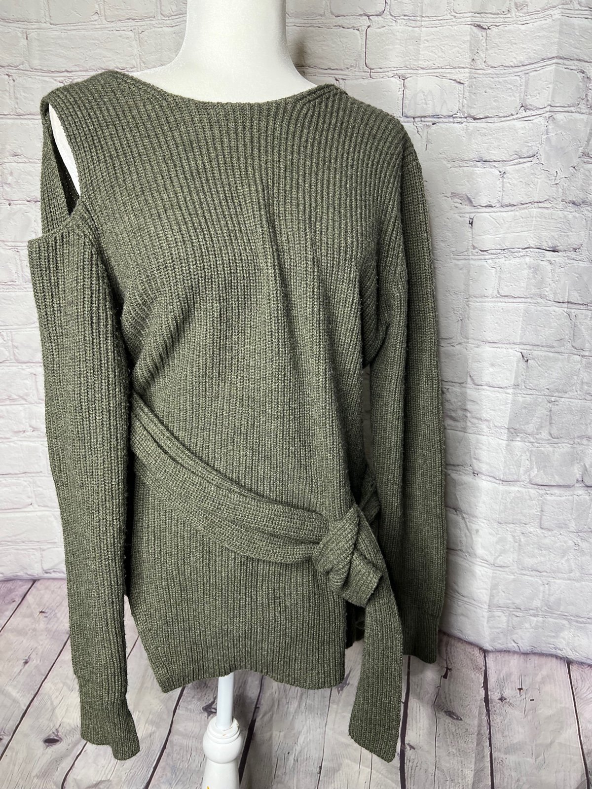 3.1 PHILLIP LIM Wool Yak Blend Rib Knit Tie Detail Long Sleeve Green Sweater