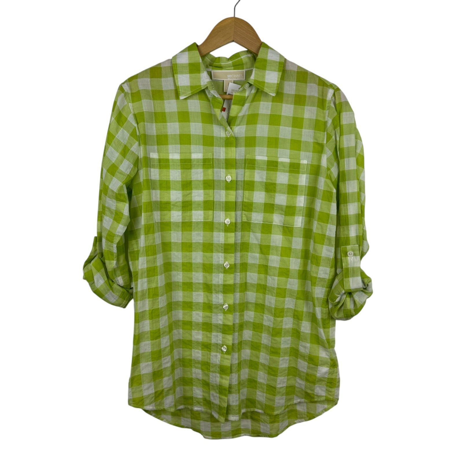 NWT Michael Michael Kors Womens Green Gingham Plaid Gauzy Cotton Button Up Sz XS