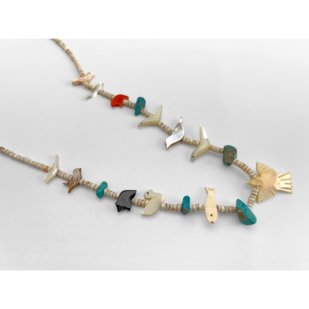 Carved Single Strand Thunderbird Multicolored Mixed Fetish Necklace