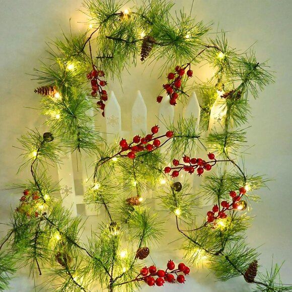New 6.56FT Christmas Garland with 30 LED Lights, Pine Cone & Red Berry