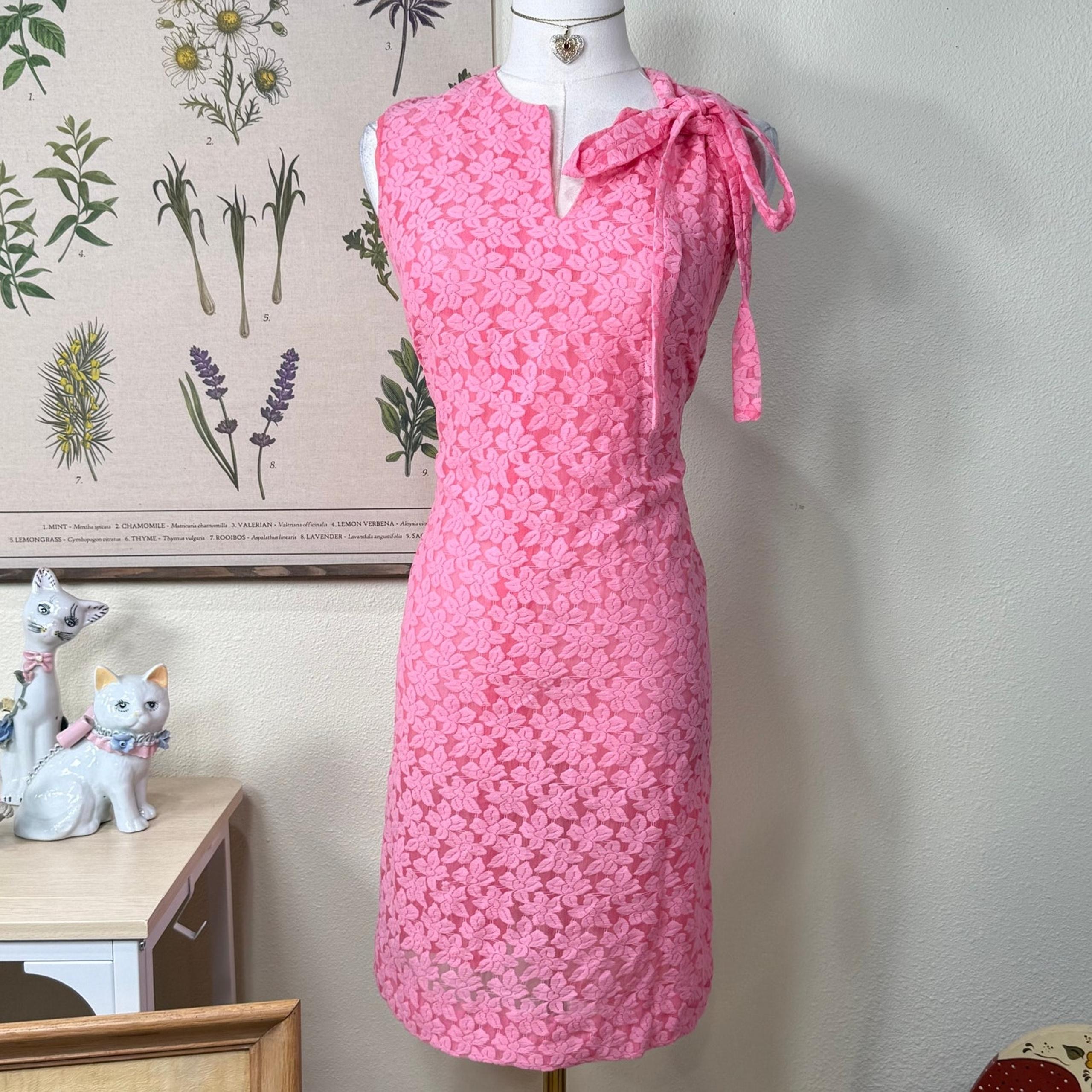Vintage 50s 60s 70s Pink Lace Tie Detail Mini Dress Mod Retro Handmade S