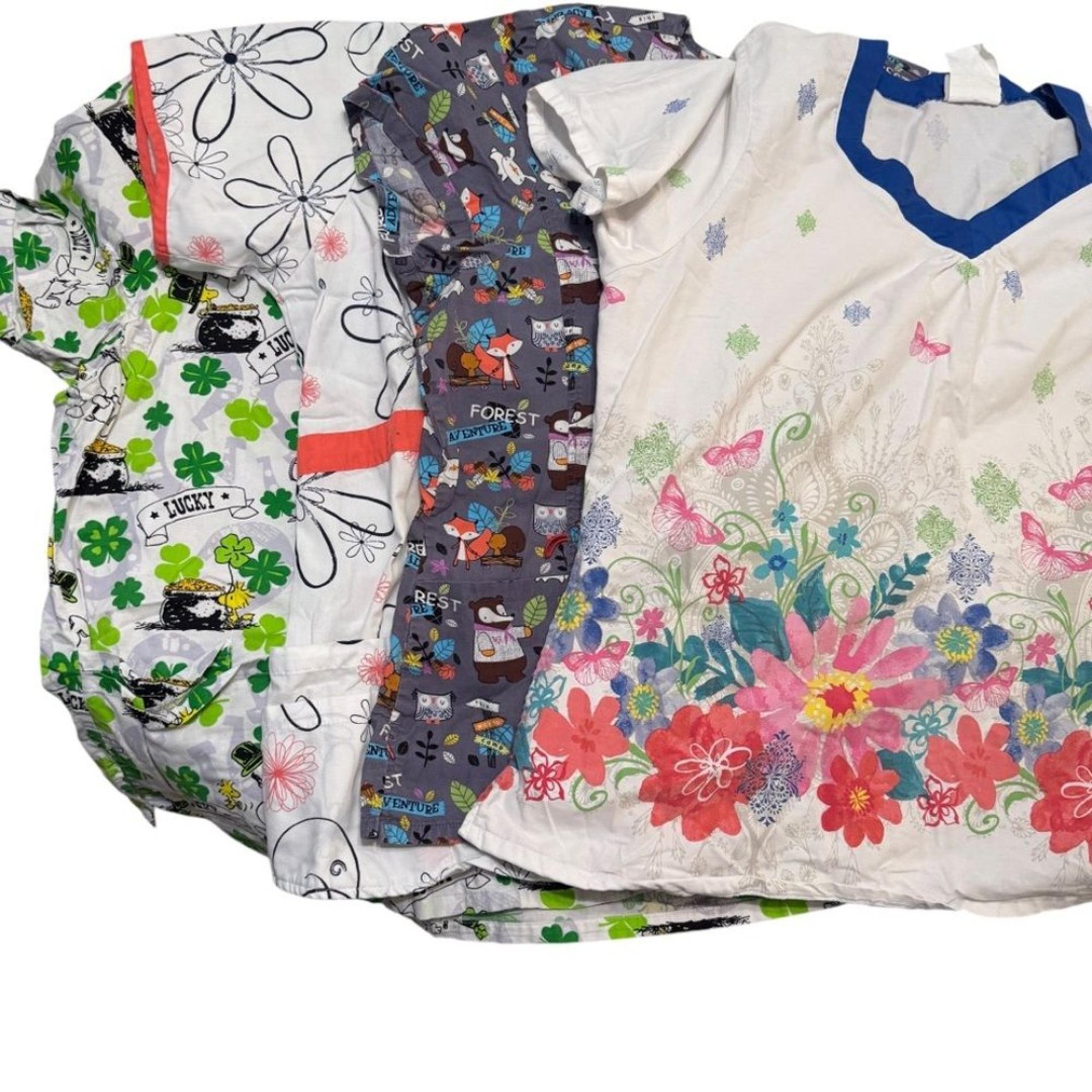 Bundle of 4 Women's Top Scrubs size 2X XXL Floral and Fun prints Plus Size