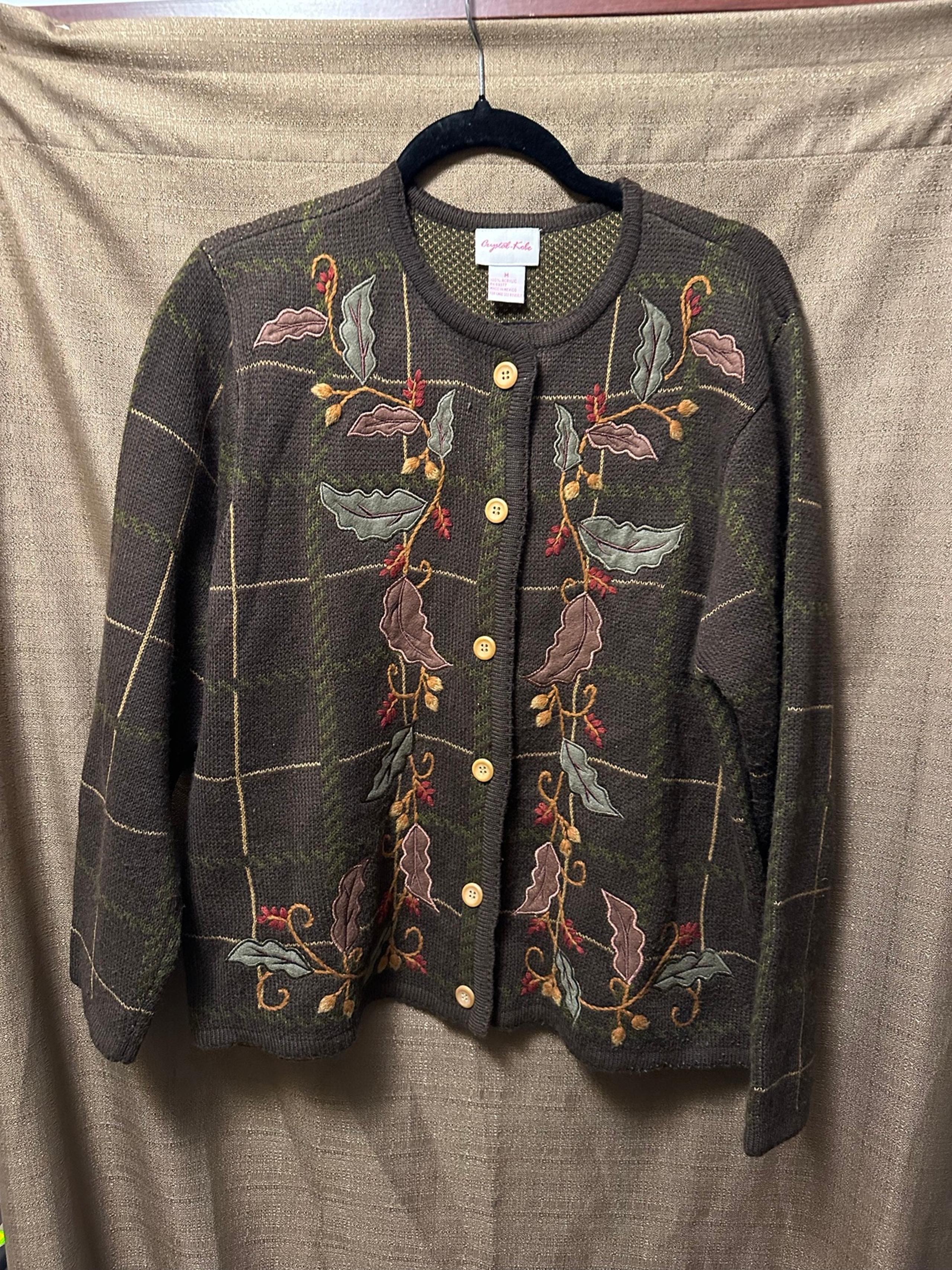 Vintage Crystal Kobe Sweater Women Size Medium Cardigan Fall Autumn Leaves 90s