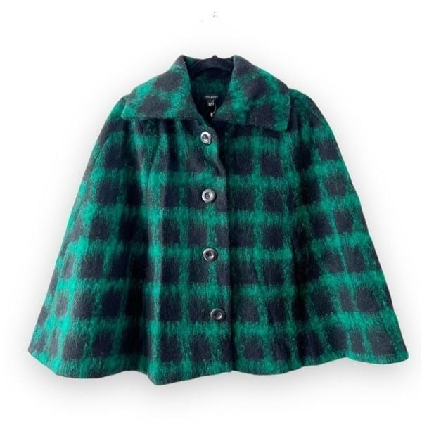 Talbots Green Black Plaid Tartan Cape Poncho Size S/M Wool Mohair Blend NWOT