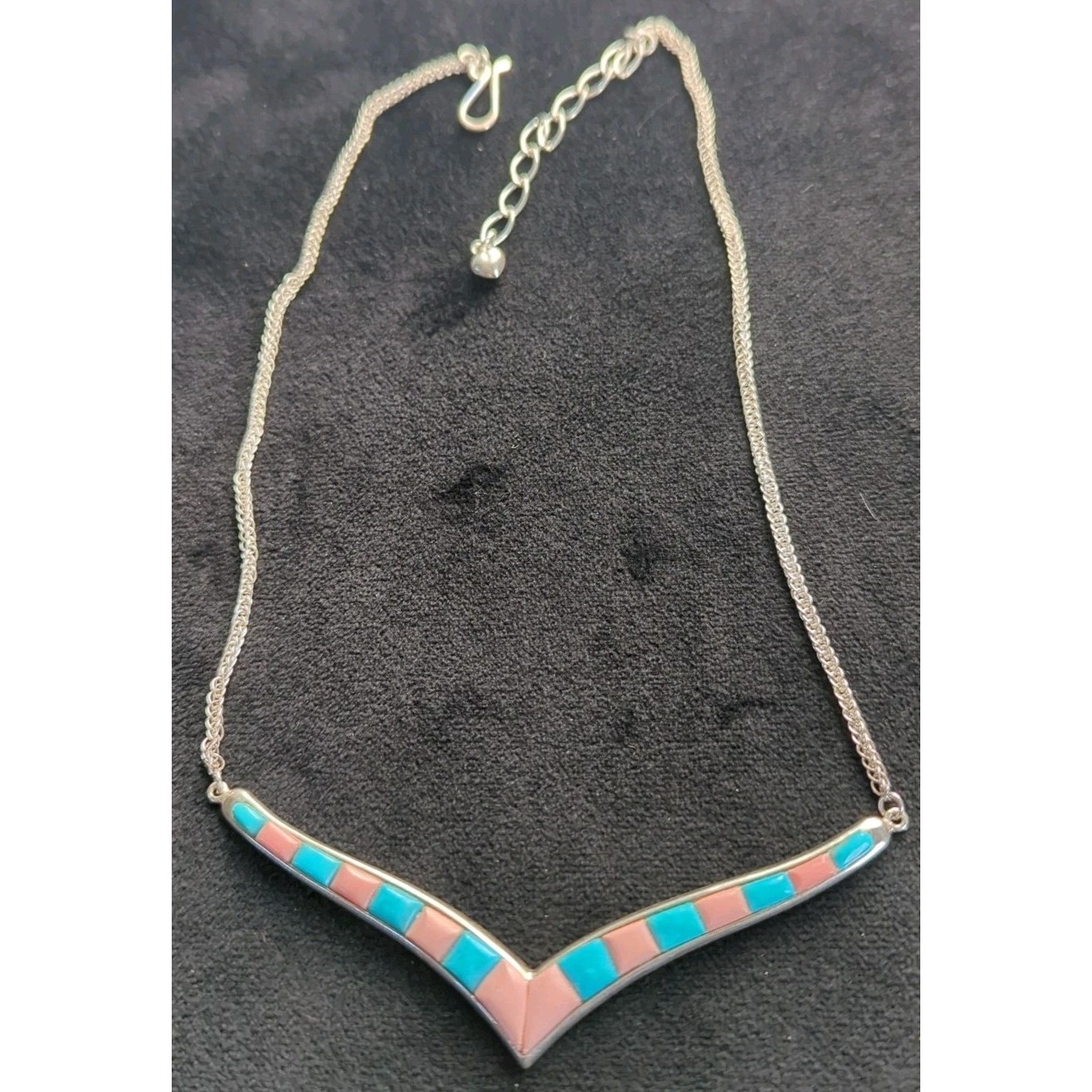 Jay King DTR Turquoise & Coral Inlay Sterling Silver Chevron Station Necklace