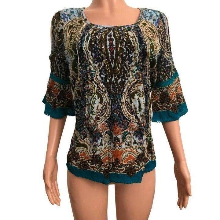 NWT Bila Pintuck Bohemian Tapestry Top