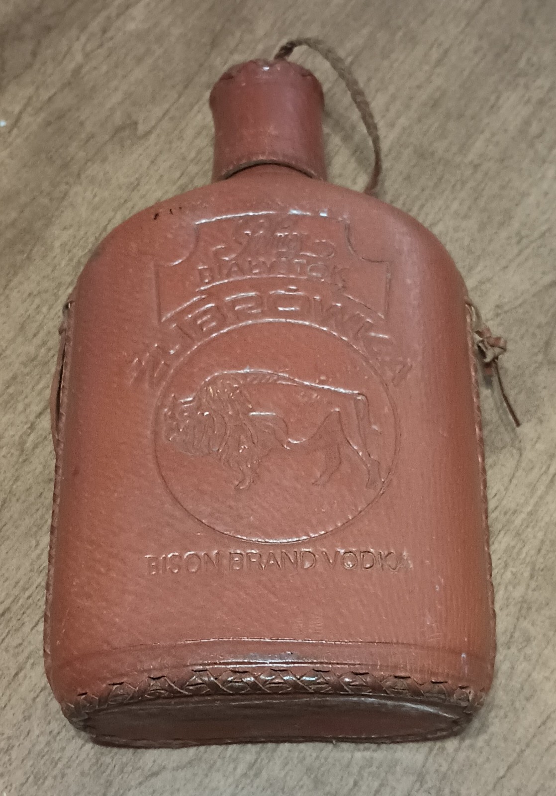 Vtg Genuine Leather Bison Brand Vodka Bottle Zubroka Palmos Bialystok Empty
