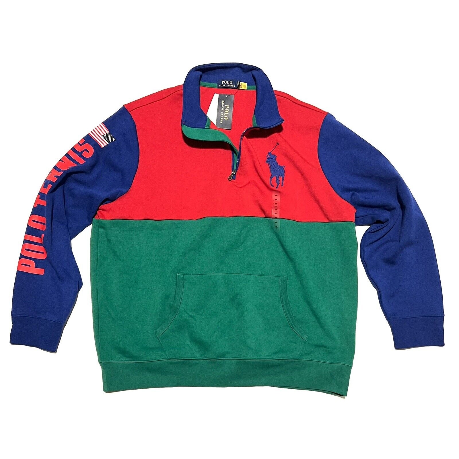 Polo Ralph Lauren TENNIS 1/4-Zip Pullover Jacket Flag Mens Sze 2XL BIG PONY