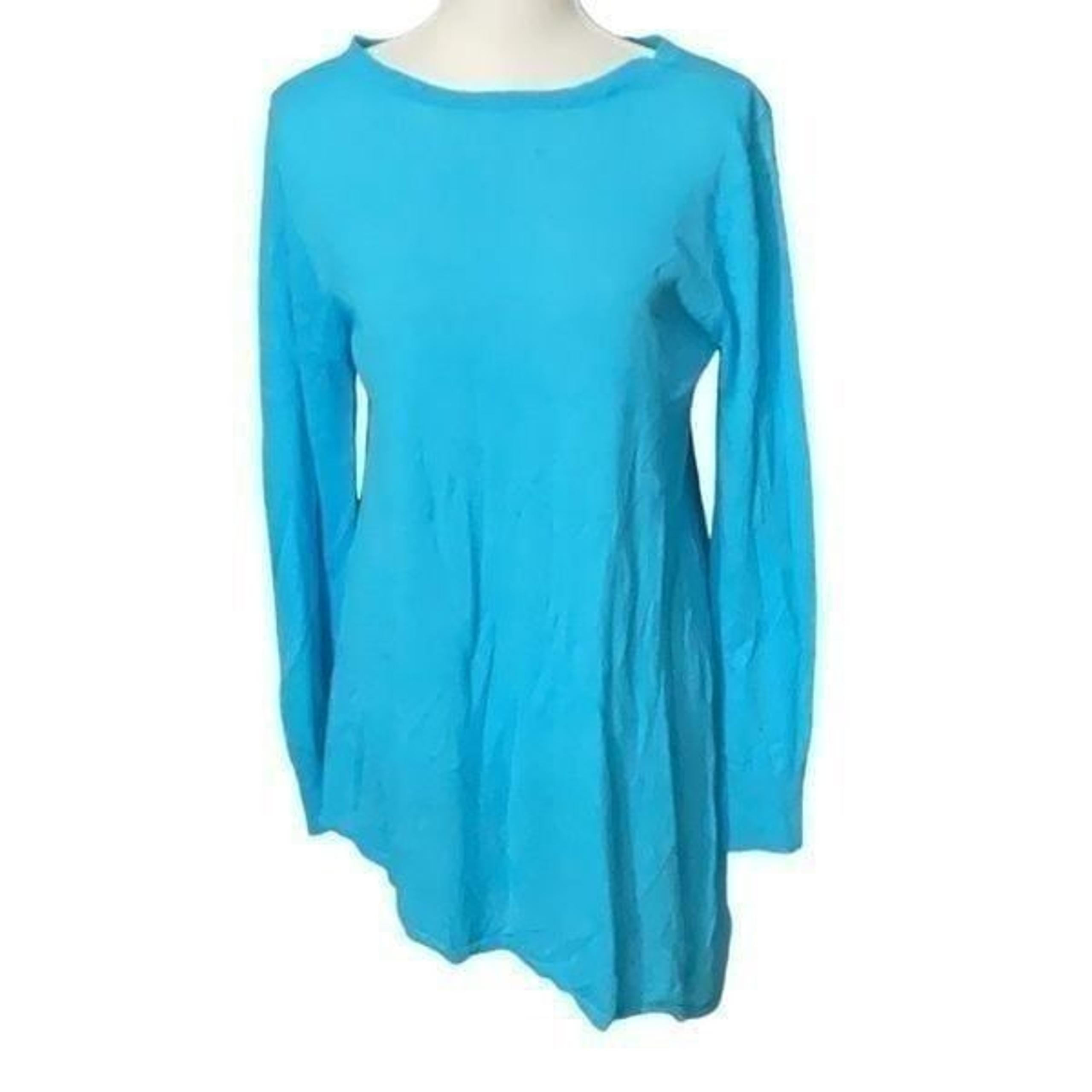 DG2 by Diane Gilman Asymmetrical Aqua Blue Linen Blend Long Sleeve Sweater Sz M
