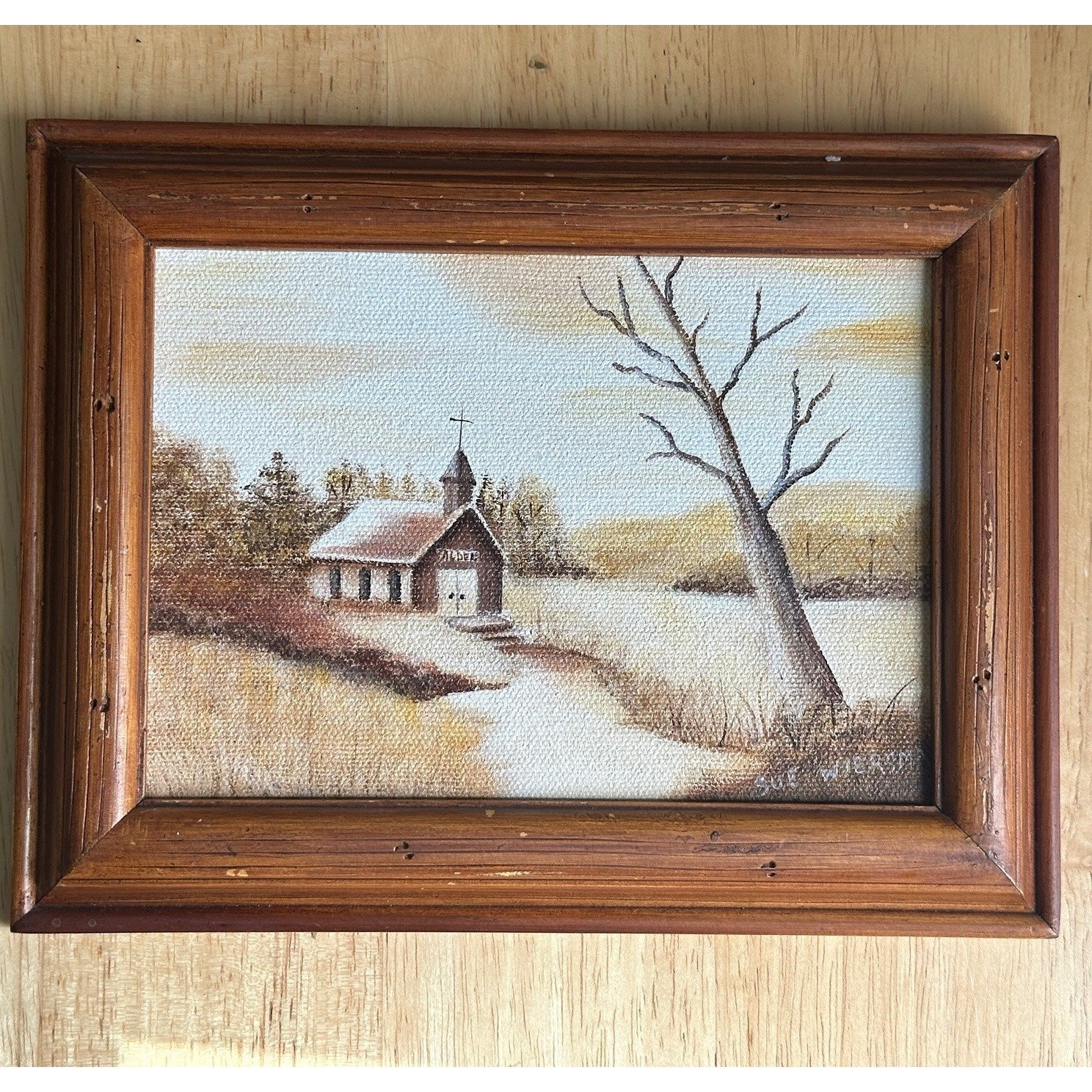 Vintage Alden IL Church Original Oil Painting On Canvas Countryside 7 x 9