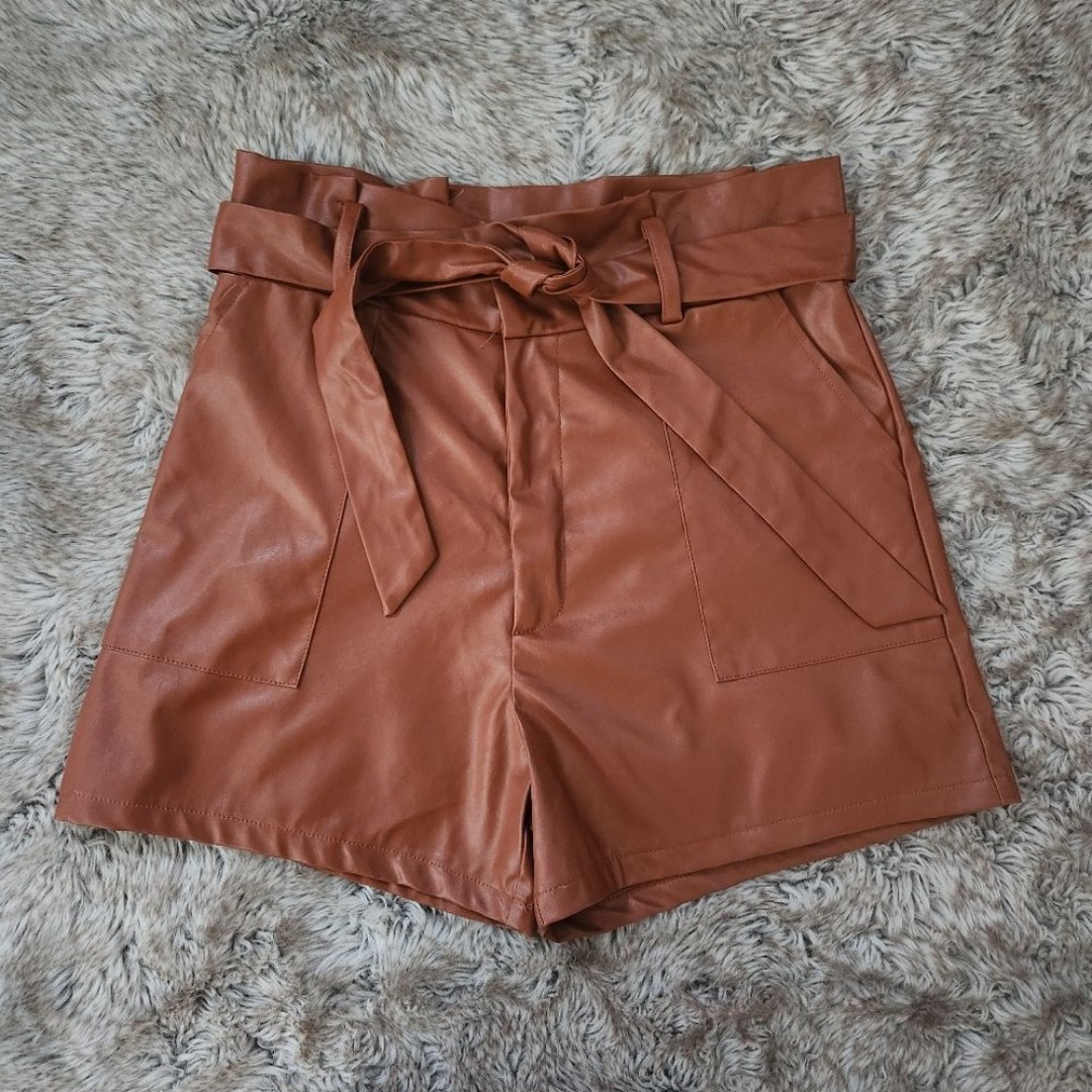 Unbranded Paper Bag Waist Pleather Shorts Brown Women's Size Medium