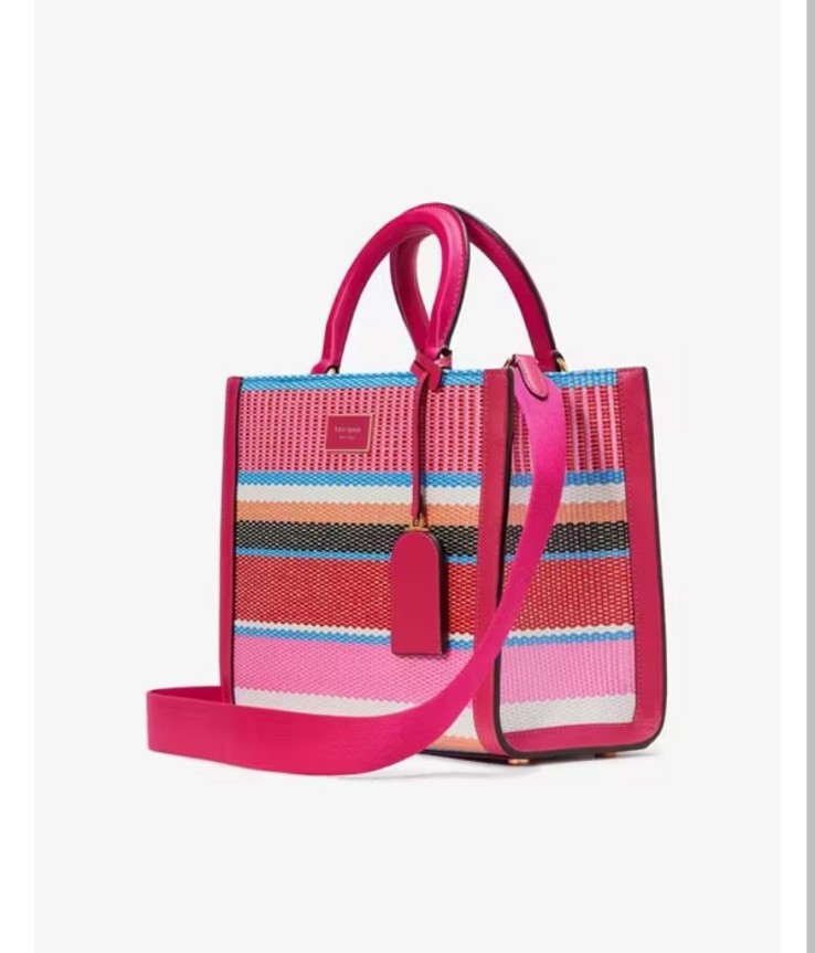 Kate Spade Manhattan Striped Woven Straw Small Tote, Wild Raspberry