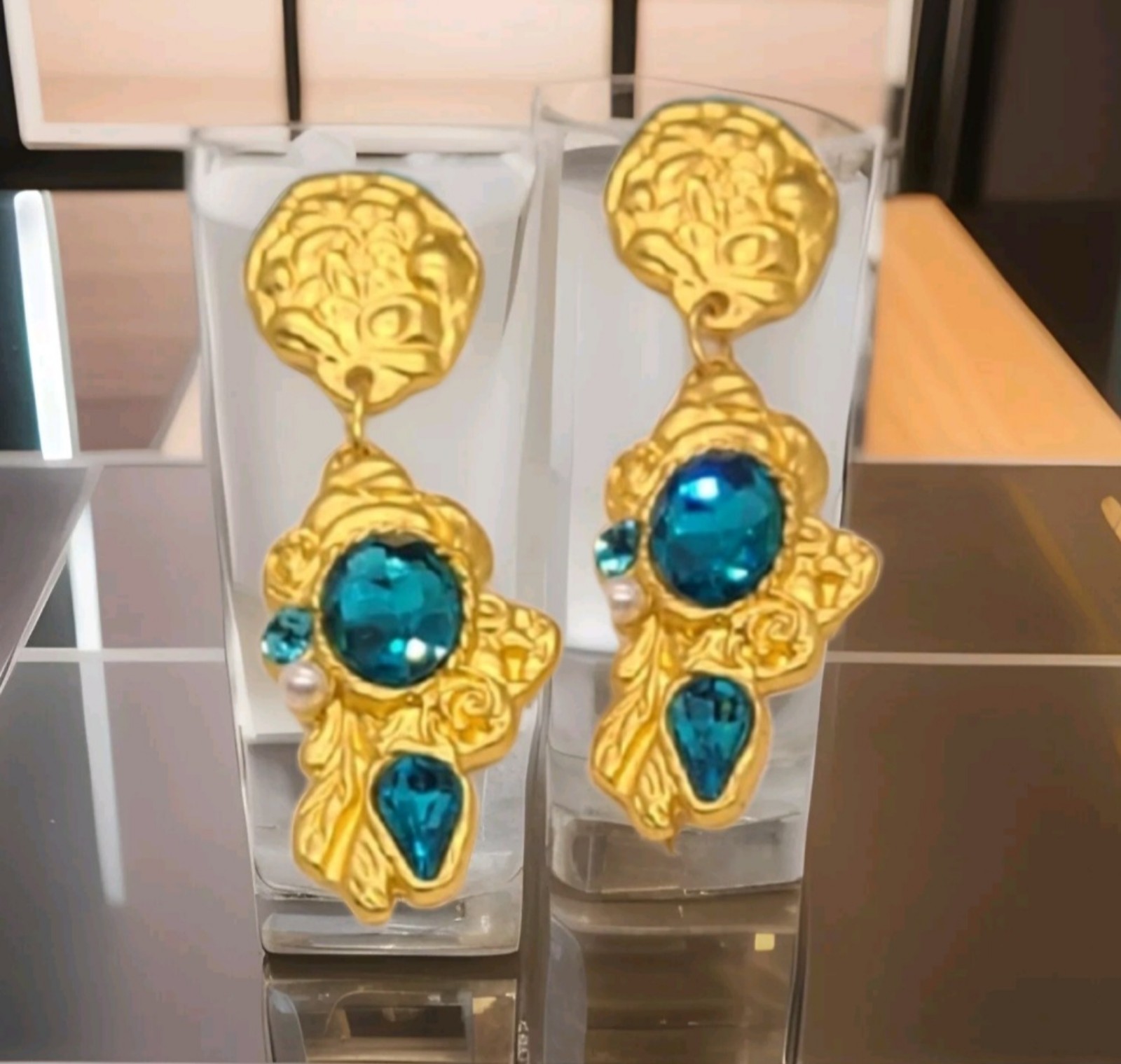 Vintage Estate Baroque Palace Blue Crystal Matte Gold Drop Earrings