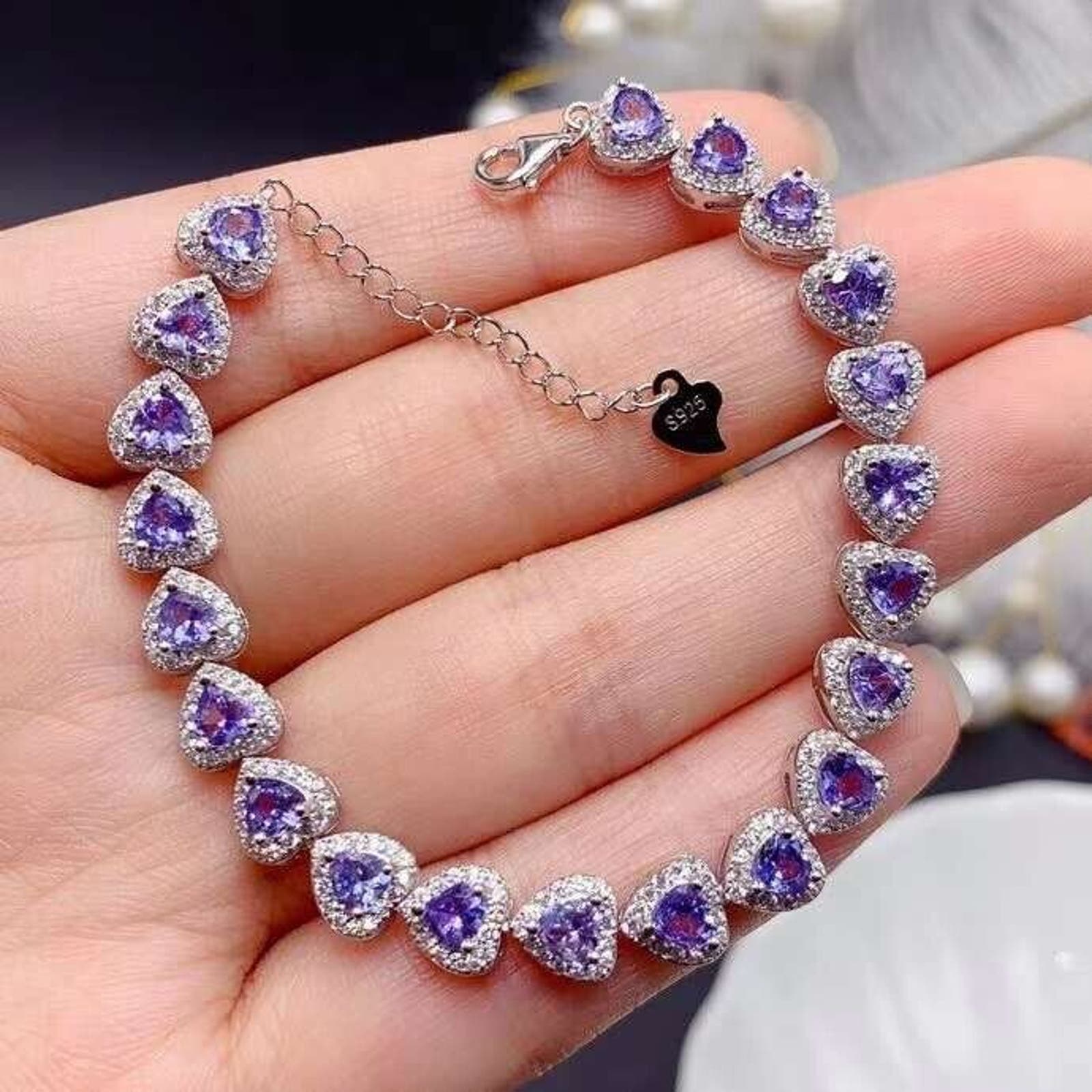 Purple Tanzanite Heart Bracelet, Genuine Purple Tanzanite Tennis Bracelet