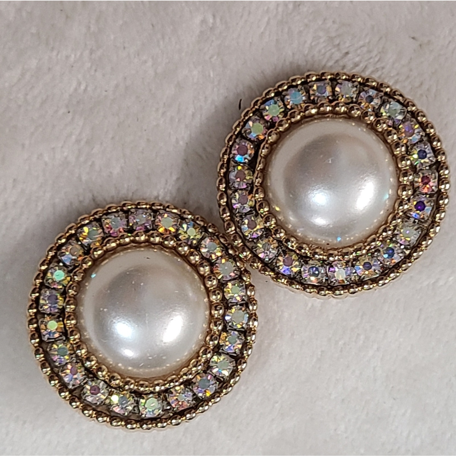 Vintage 70s Faux Pearl & AB Crystal Earrings