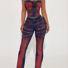 Fashion Nova Enyo Strapless Corset Denim Top (S) / Stretch Flare Jeans (Size: 3)