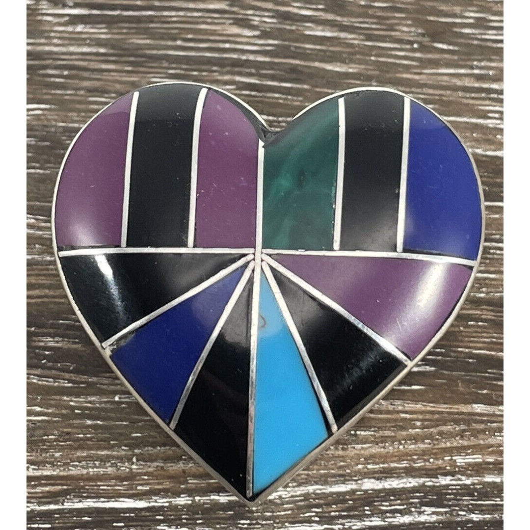 VINTAGE MALACHITE/ONYX/TURQ INLAYED STERLING SILVER HEART PENDANT MEXICO 925