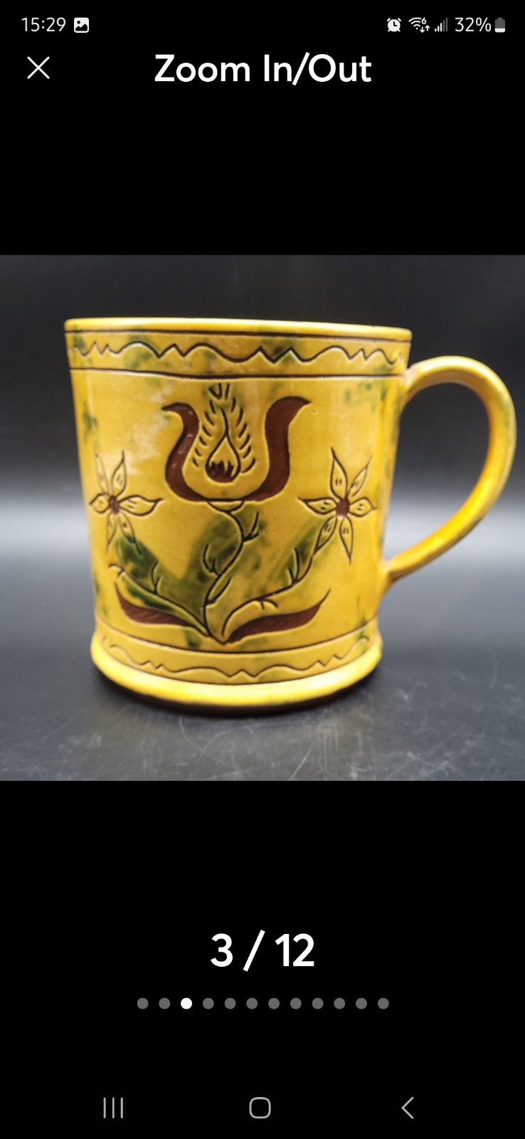 BREININGER GLAZED SGRAFFITO DECORATED YELLOW QUART MUG 1991