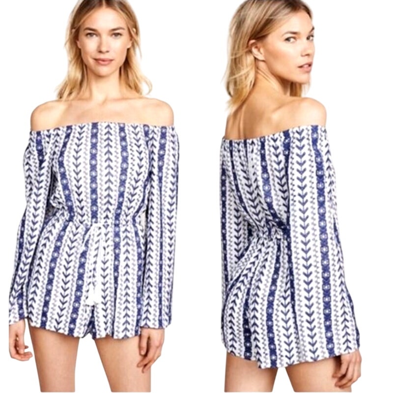Cupcakes And Cashmere Embroidered Off Shoulder Romper Blue White Size XS