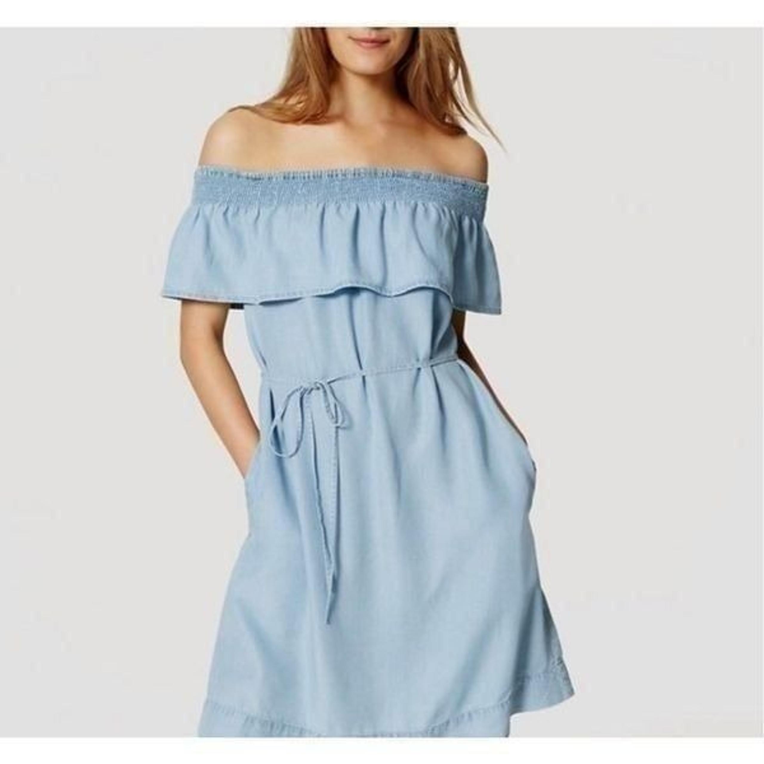 Loft Outlet Short Sleeve Ruffle Neck Off the Shoulder Denim Dress Women's Size S