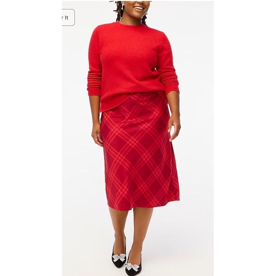 J. Crew Mid Rise Bias Cut Slip Straight Midi Skirt Red Plaid Crimson Medium NWT