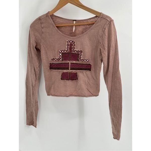 Free People Top Crop Women XS Pink Mauve Embroidered V Neck Bohemian Flutter