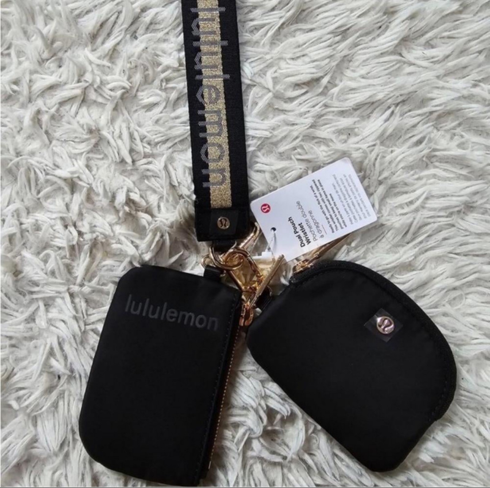 Lululemon Dual Pouch Wristlet Wallet Accessory Keychain Bag Black Grey and Gold