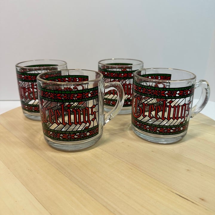 4 Houze Coffee Mugs Tea Cups 12 oz. Glasses Season's Greeting Stained Glass Look