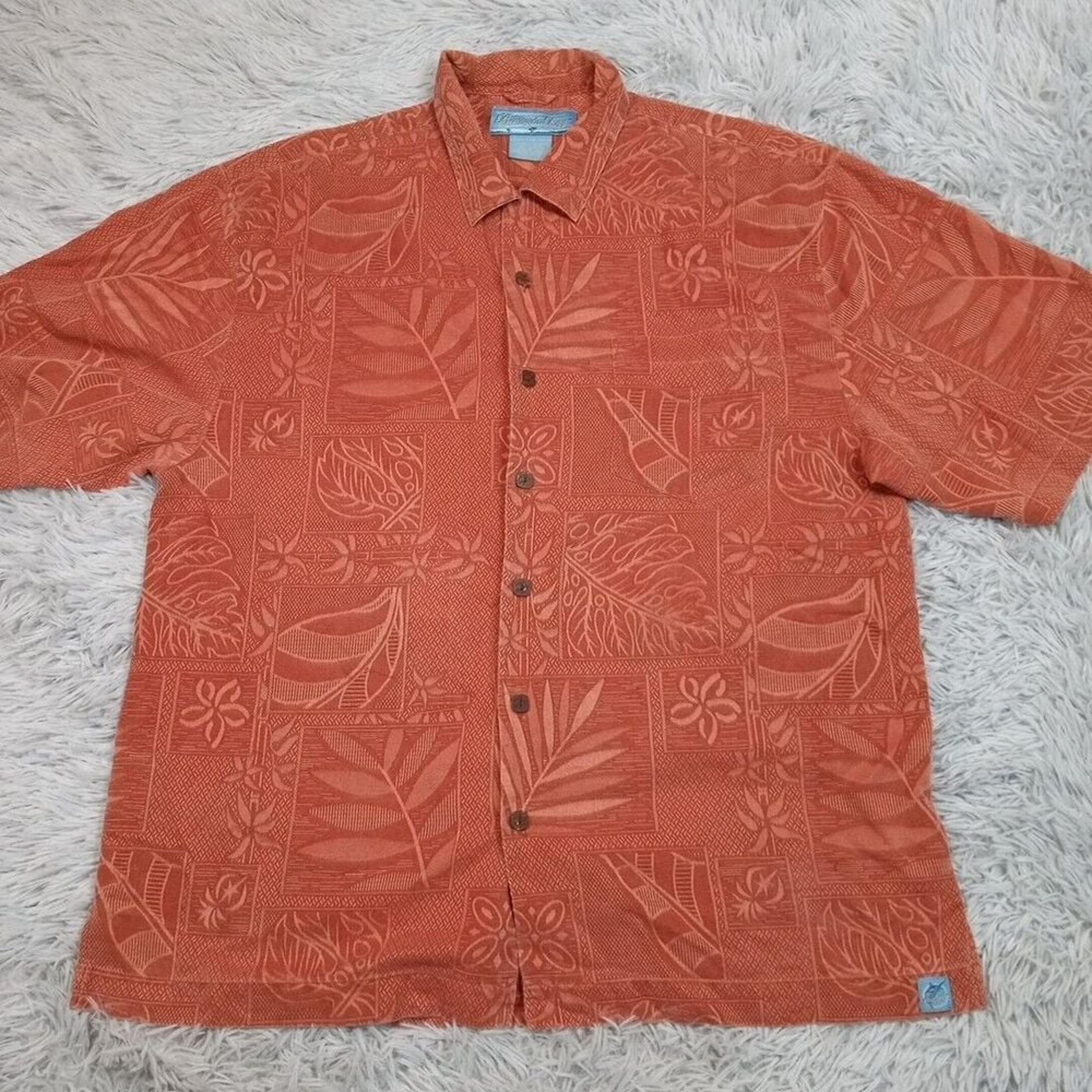 Bermuda Bay Shirt Mens L Orange Silk Button Up Tropical Beach Vacay Preppy