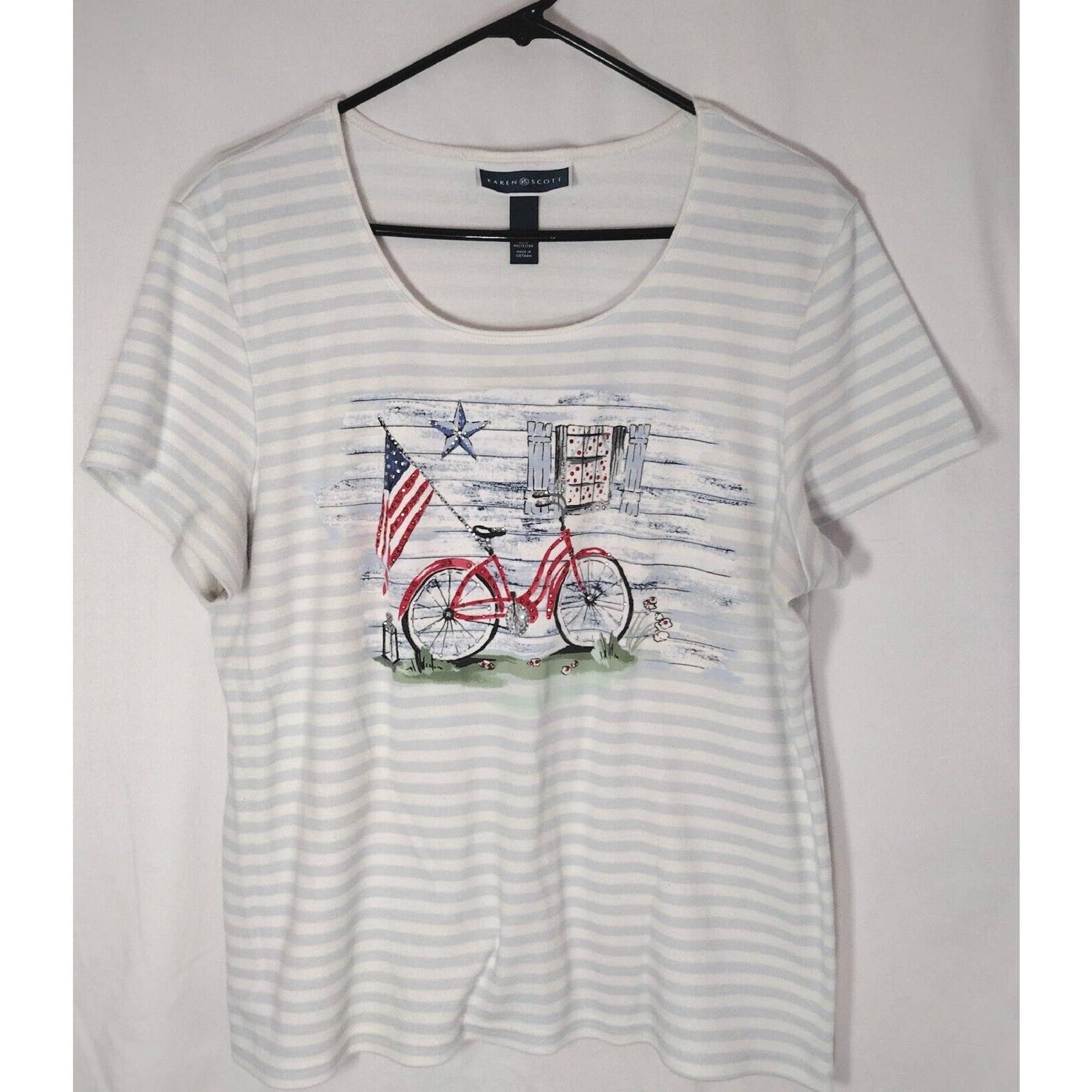 Karen Scott Women's Embellished Patriotic Bike~Flag T~Shirt XL 4TH OF JULY